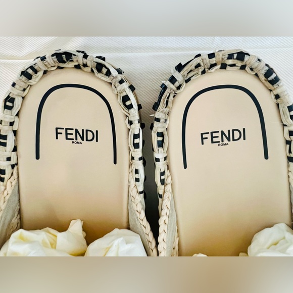 FENDI 7X1421 Sandalo Rafia Logo Slide Sandals Leather Viscose Sz 40 Pre-Owned - Picture 4 of 7